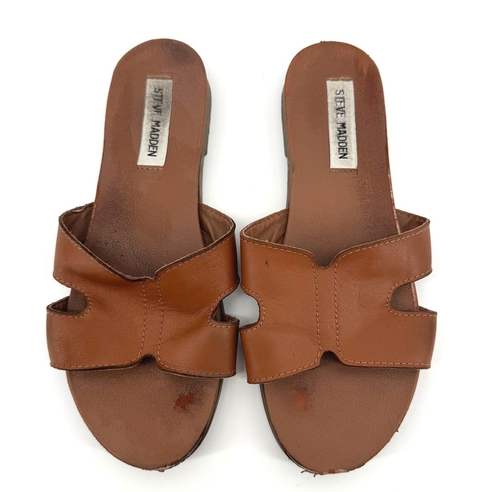 Steve Madden Slide Sandals Womens 9.5 Brown Leather Flat Minimalist Coastal Boho